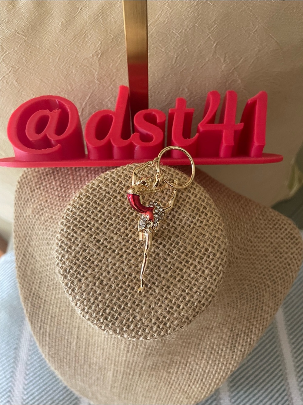 Gold Tone Ballerina Brooch with Red Dress and Crystal like accents